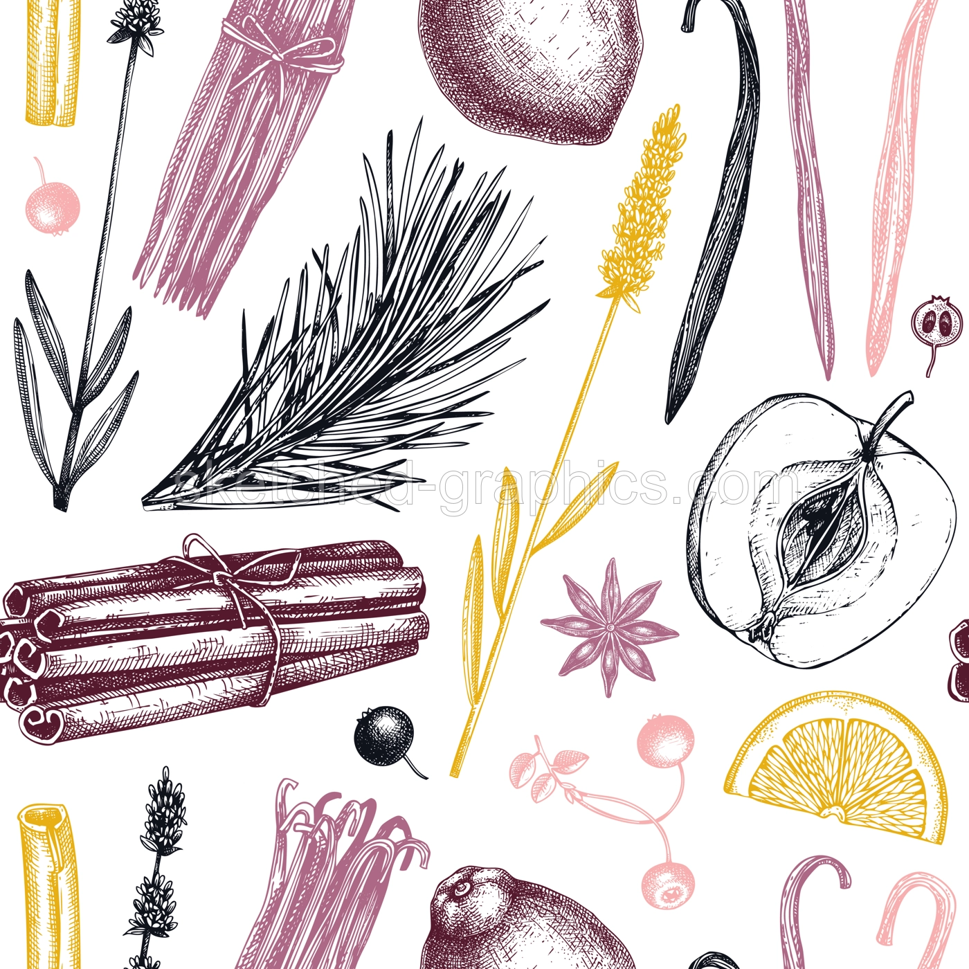Aromatic ingredients seamless pattern. Vector background with hand-sketched materials for candles, soap, cosmetics, perfumery production. The natural backdrop for wrapping paper, packaging, textile. Illustration